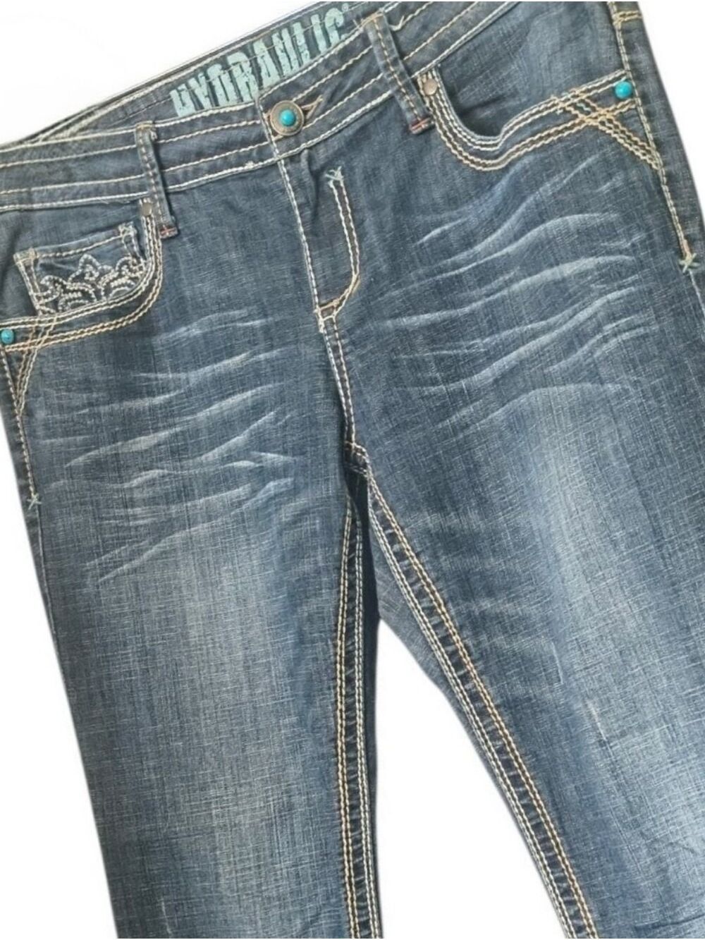 Y2K Hydraulic Bailey Micro Bootcut Jeans Size 16 Embroidered Pockets Stretch Den - Picture 4 of 10